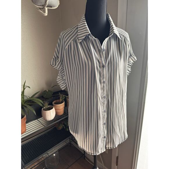 Pleione Blue White Striped Button Down Blouse With Puff Sleeves Business Casual - Picture 3 of 7